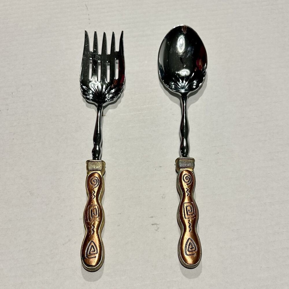 2 Saints Silver Toned Serving Salad Fork & Spoon Set Ornate Handles 11.5” Heavy